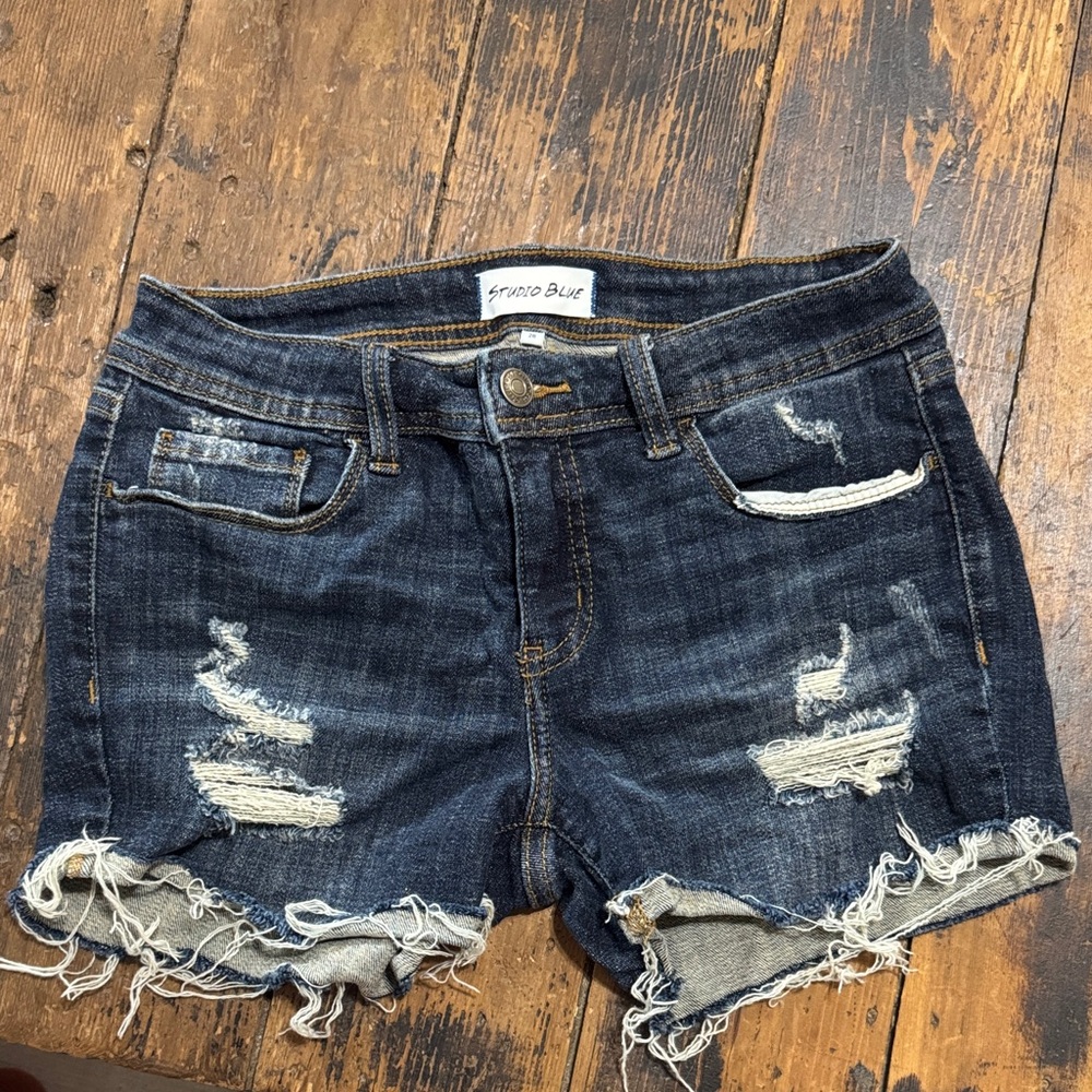 Studio Blue Dark Wash Distressed Denim Cutoff Shorts